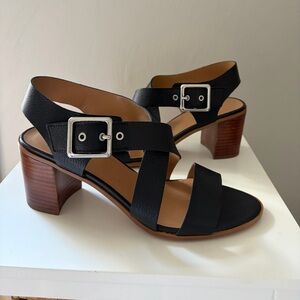 Franco Sarto | Helga Stacked Heeled Black Leather - Open Toe - 8.5M - Like New